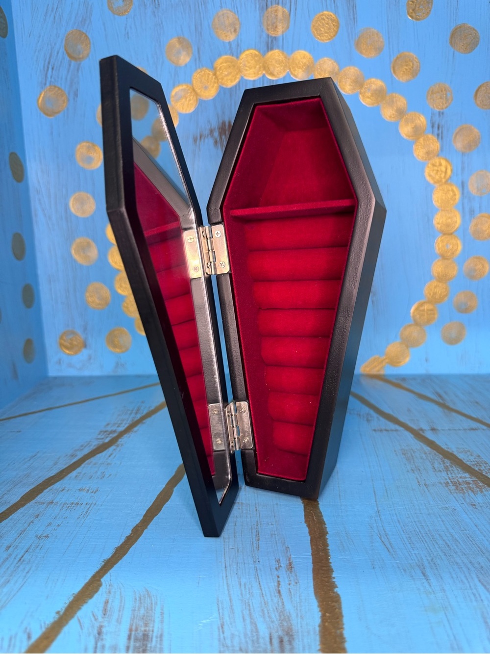 NWOB Sourpuss Black Coffin Jewelry Box with Red Velvet Interior